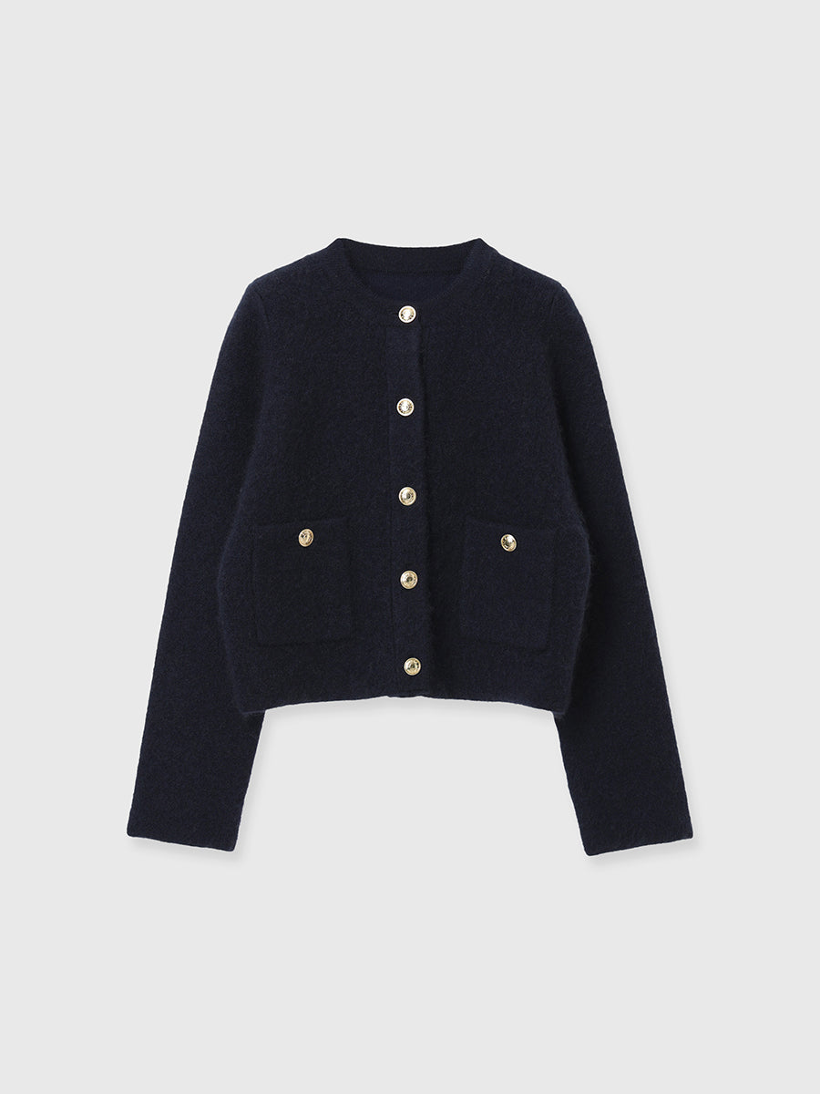 カシミヤブレンドノーカラーニットジャケット