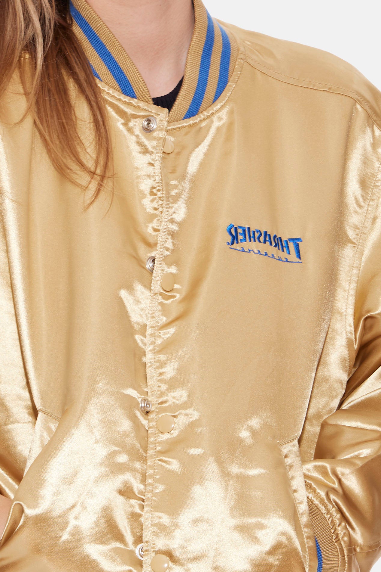 x Thrasher Satin Varsity Jacket Gold – blueandcream