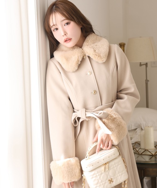 セール】【サイズ展開あり】襟袖フェイクファーロングコート（ステン