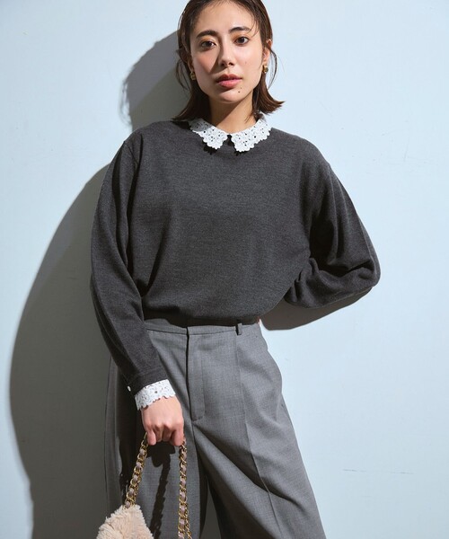 セール】【洗える】エンブロイダリー フラワーレースコンビ ニット