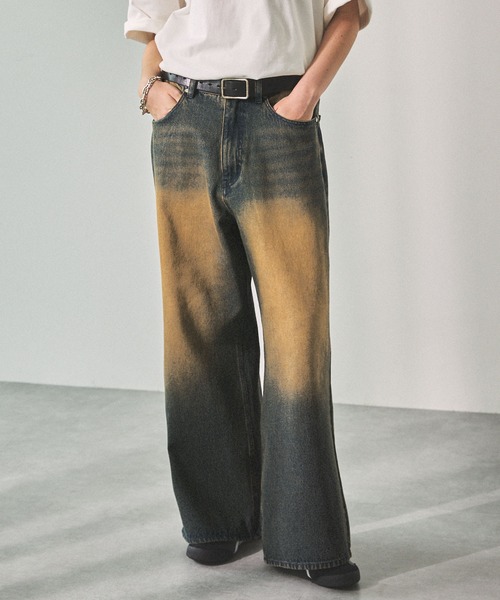ヴィンテージ加工セミワイドフレアデニムパンツ（デニムパンツ）｜EMMA