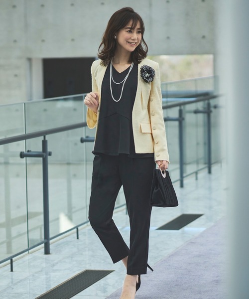 セール】ストレッチツイードノーカラージャケット3点セットアップ