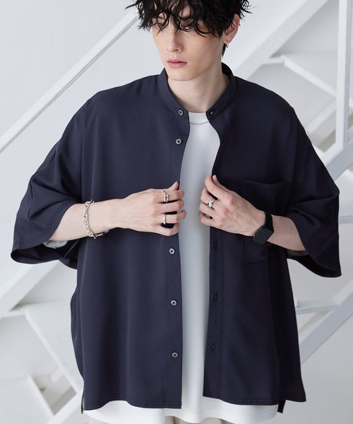 綾トロミ ドレープドルマン ハーフスリーブバンドカラーシャツ 2023SS