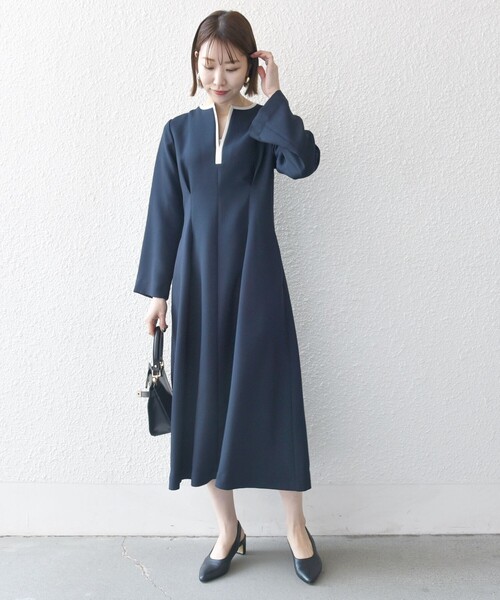 SHIPS any: ダブルクロス ウエスト タック Aライン ワンピース ［NAVY