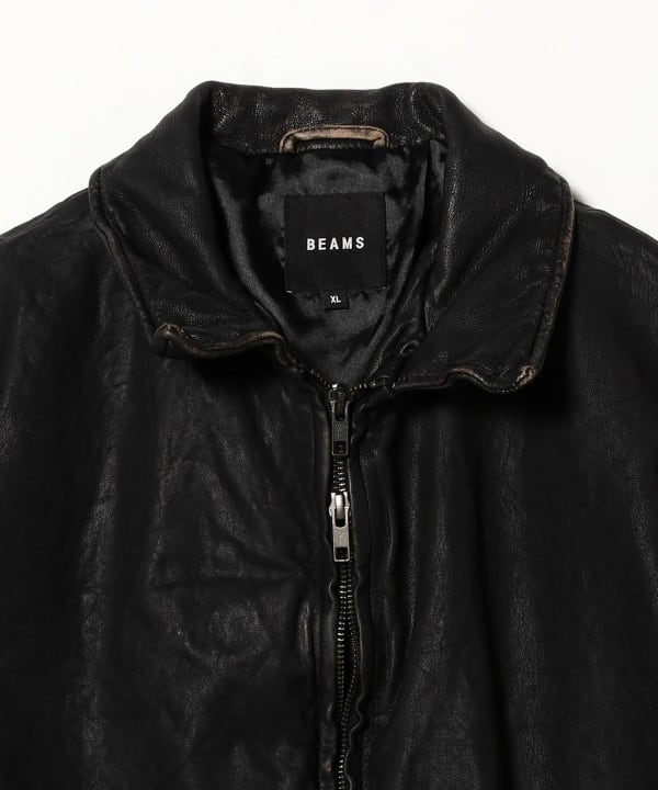 BEAMS (BEAMS) Distressed Leather Zip Blouson [Wide Fit] (Blouson