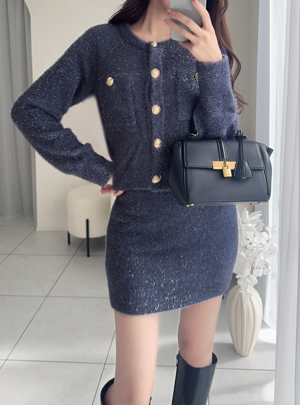 ラメフェザーニットカーディガン×ミニスカートセットアップ[kz617