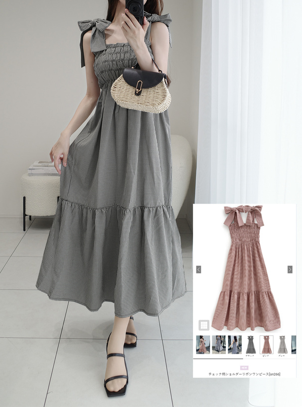 チェック柄ショルダーリボンワンピース[on266] | レディース