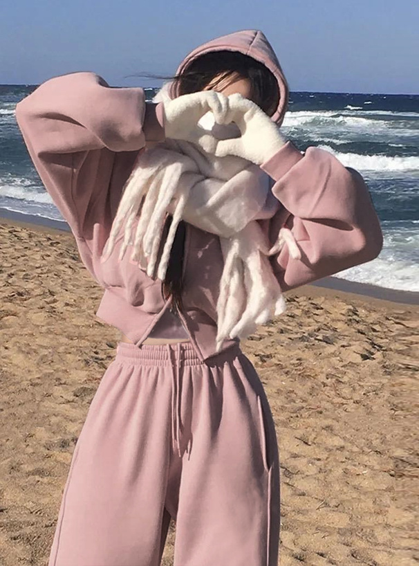 ジップパーカー×キャミ×ワイドパンツ裏起毛セットアップ[pm229