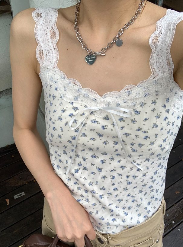 パッド付き花柄レースリボンタンクトップ[tu1726] | レディース