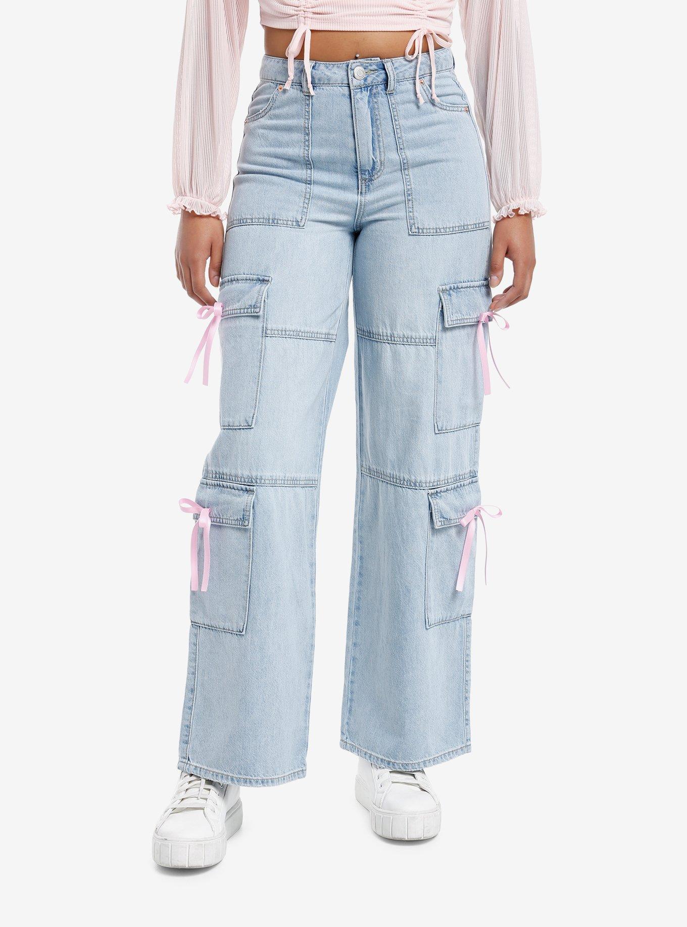 Light Indigo Pink Bow Cargo Denim Pants | Hot Topic
