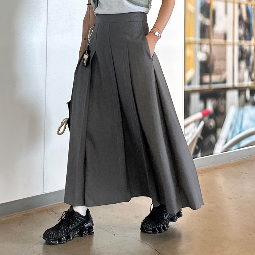 ORIGINAL) Dリングプリーツロングスカート (melange gray