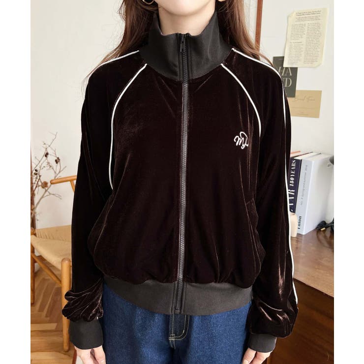 ワンポイント刺繍配色ラインベロアトラックジャケット[品番