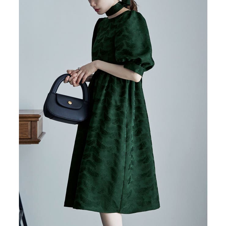 etoll エトル ジャガードパフスリーブドレス[品番：FT000008539