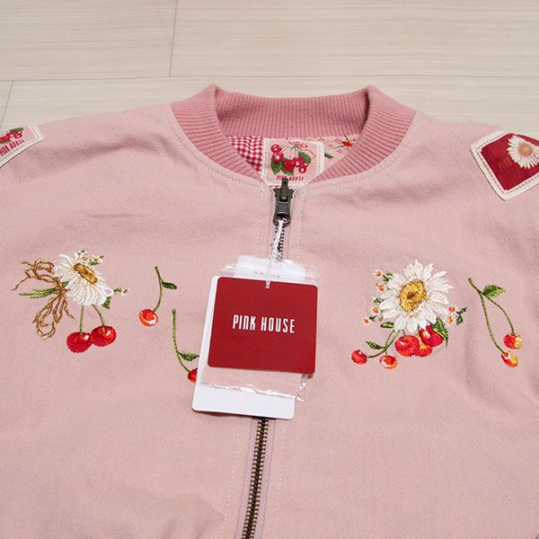 ピンク系雛菊とさくらんぼ刺繍入りリバーシブルブルゾン - ピンク