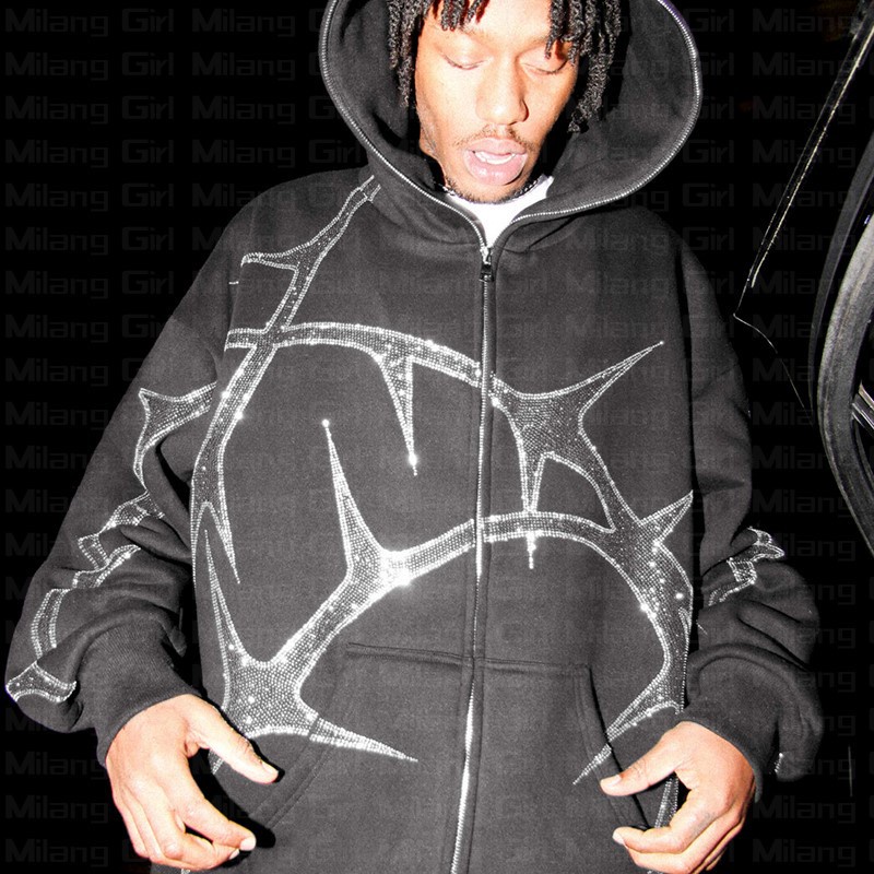 20000s Gótico Y2K Rhinestone Camiseta Gráfica Zip-up Hoodie Roupa