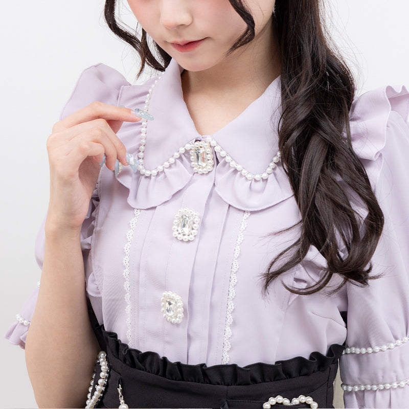 パール襟ビジューフリルブラウス – レディースファッション通販の夢