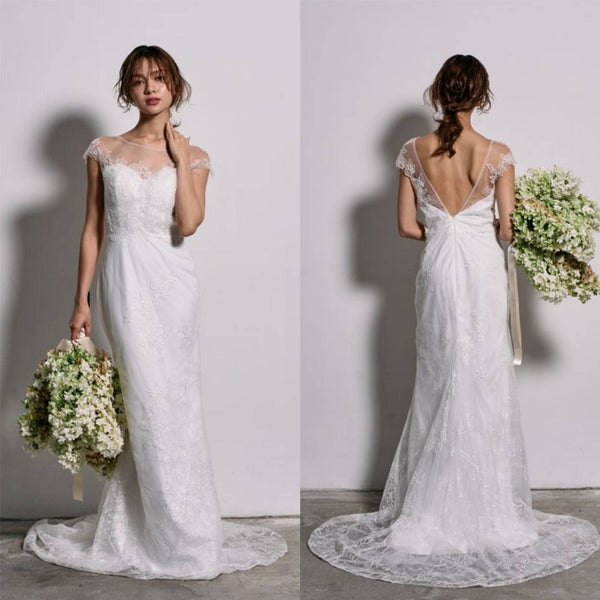 リーフ刺繍 フレンチスリーブ ソフトマーメイドドレス（W317）