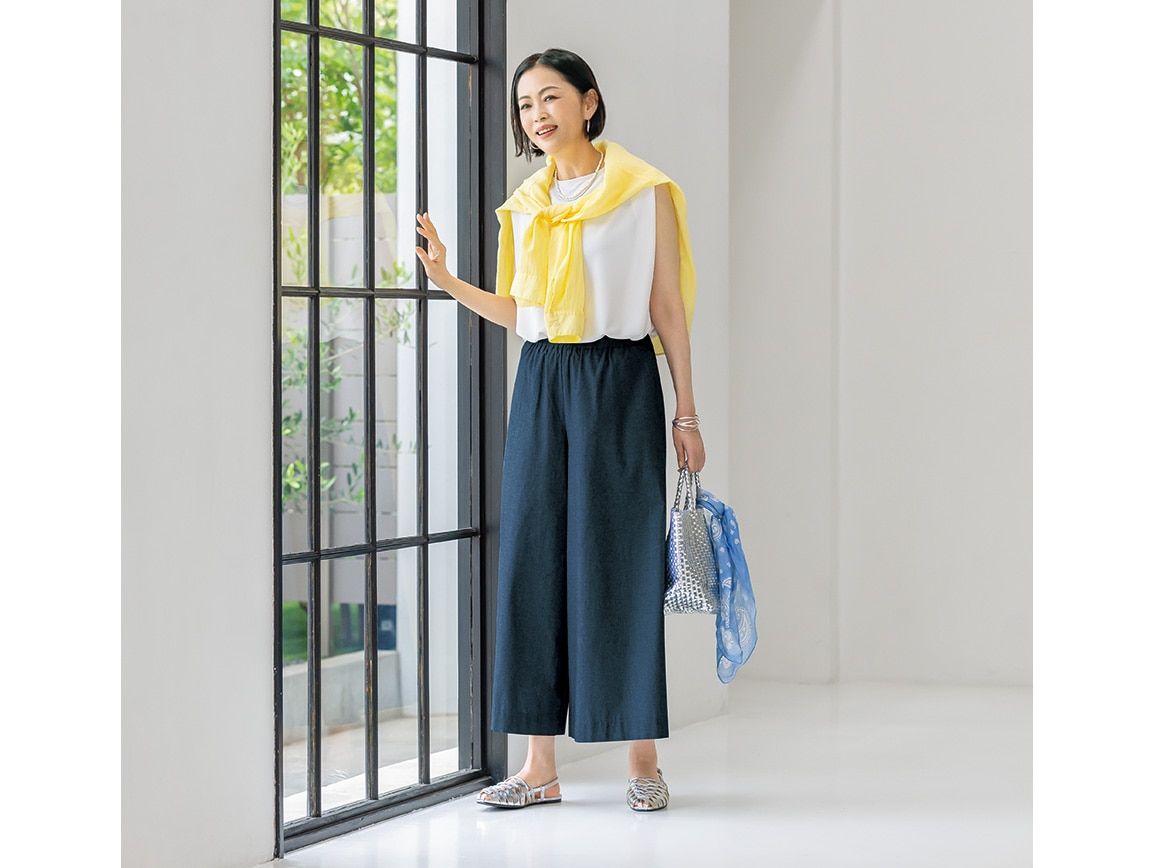 コットンシャンブレーガウチョパンツ(41_M54cm 62_ネイビー