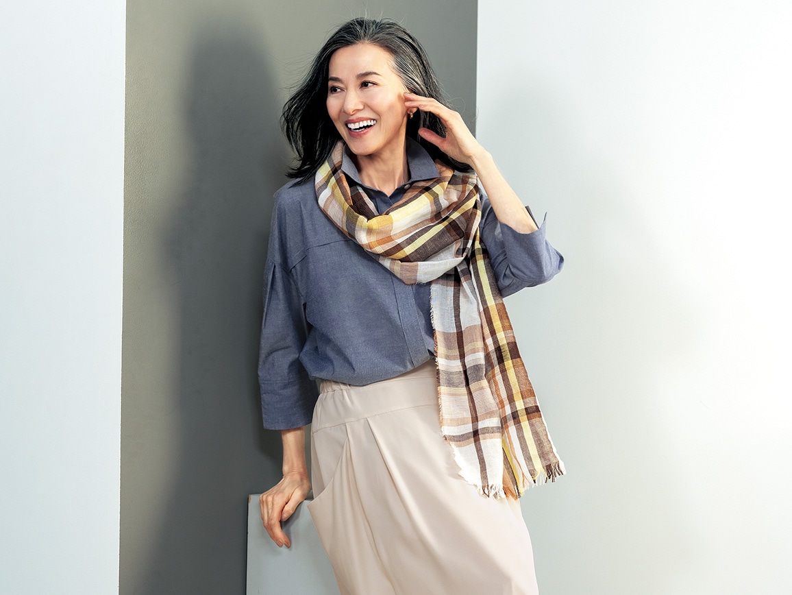 麻混チェックストール(61_ブルー): ｜ カタログ通販のハルメク