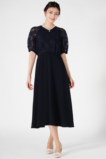 LAUREN RALPH LAUREN フラワー総レースネイビードレスセット (S) を