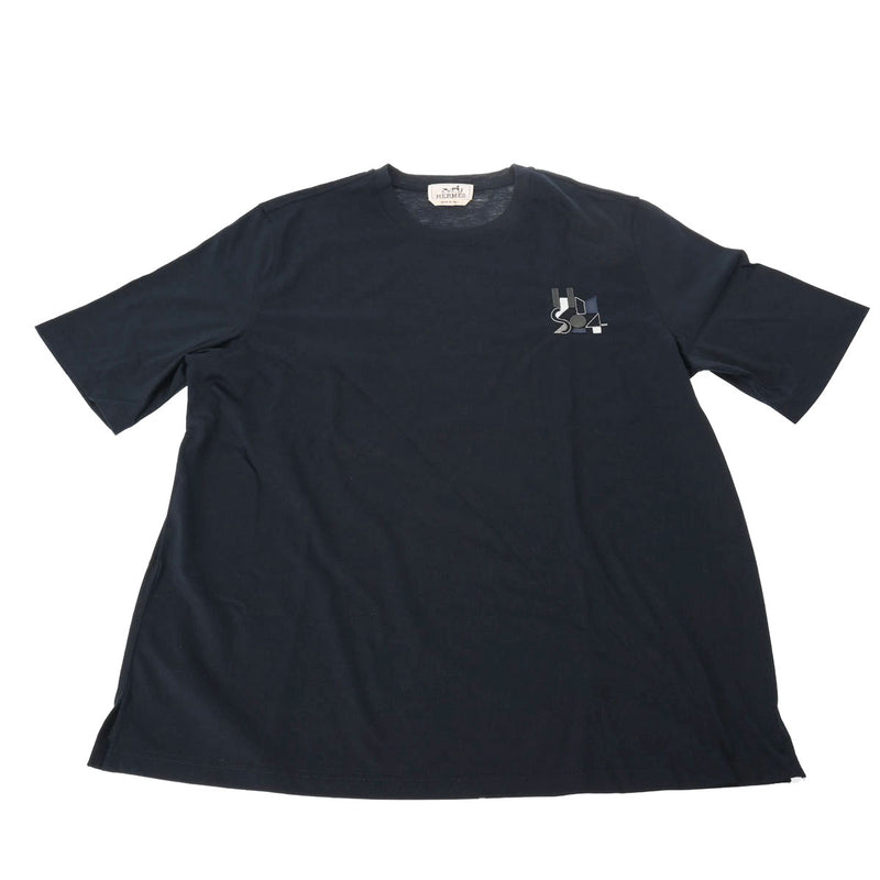 エルメスクールネック Tシャツ ミニレザーパッチ サイズL マリン