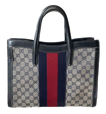Rare Vtg 70s GUCCI Canvas GG Monogram Boxy Tote W/Leather Handles