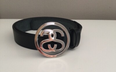 Stussy SS-Link Silver Buckle Black Leather Belt Size S/M | eBay