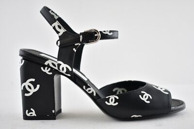 Chanel 22S Black White Print Lambskin CC Logo Ankle Strap Block