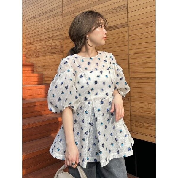 FRAY I.Dドロップショルダーシアーフラワーパフスリーブチュニック