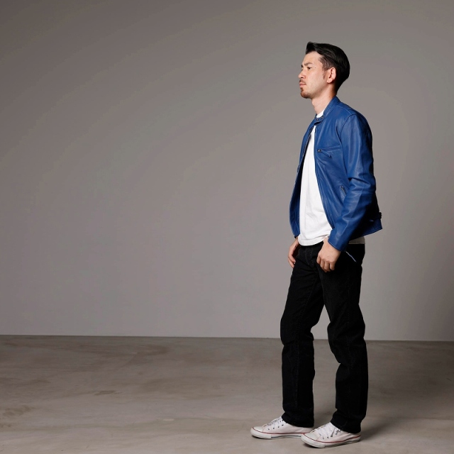 レザージャケット メンズ 本革 ブルー 青 シングルライダース