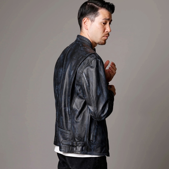 レザージャケット メンズ ダメージ風 ネイビー 紺色 本革 シングル