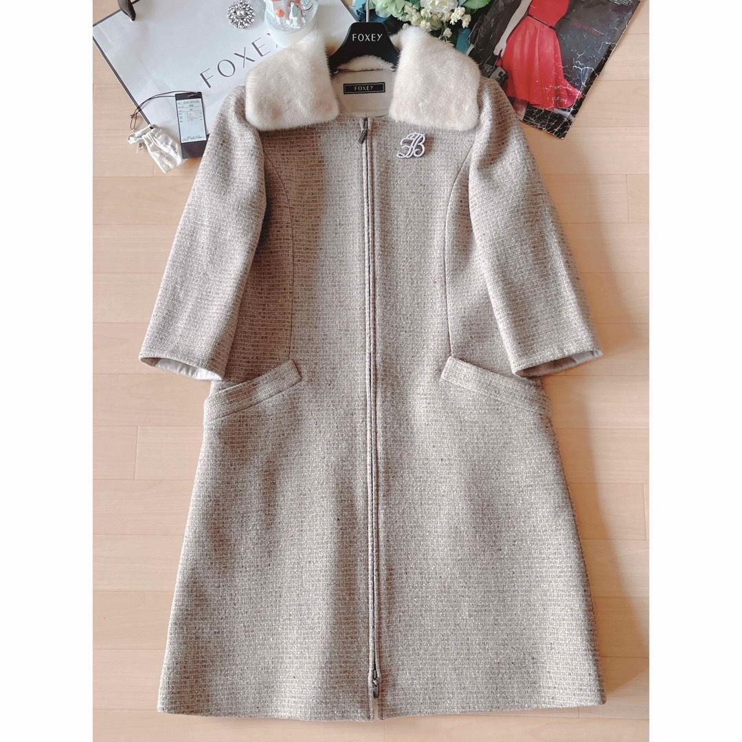 FOXEY - 新品未使用！FOXEYミンク襟ツイードロングコート 40 Rene