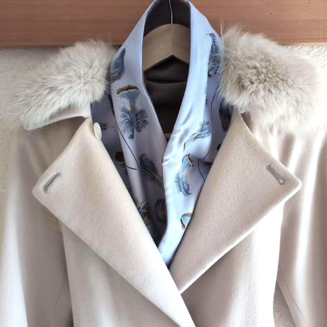 HERMES リバーシブル大判ショール シルク×アンゴラ 羽根柄 青灰 d112