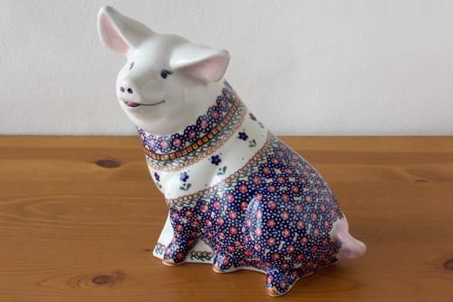 ミレナ」ぶた貯金箱【藍色小花とドットのボーダー】 - ポーランド陶器