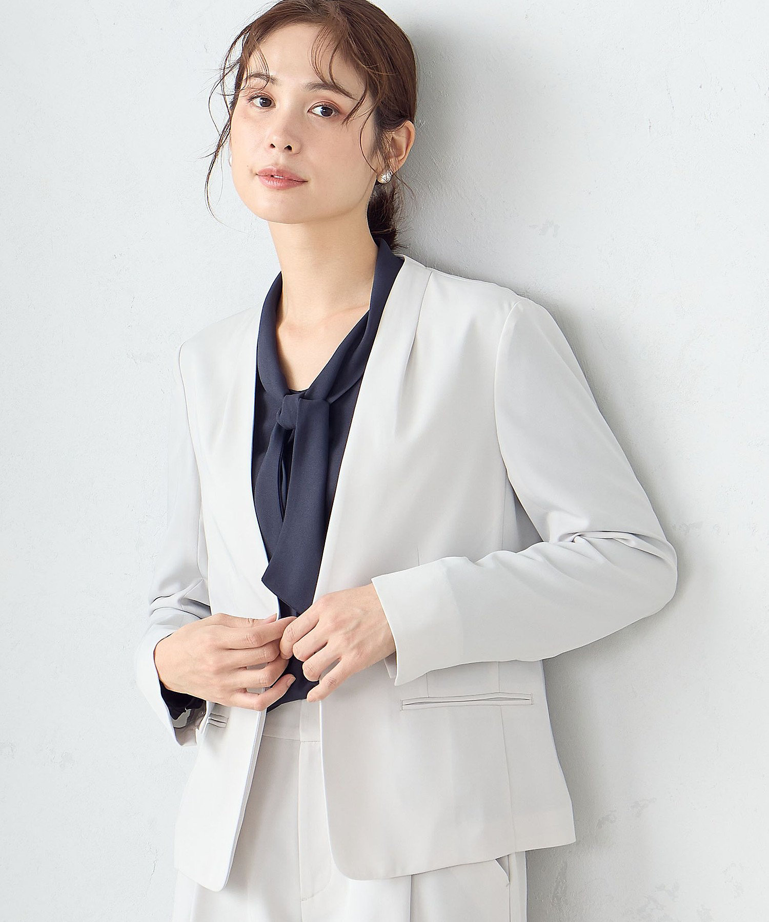 セットアップ対応】ポリエステルツイル ノーカラージャケット