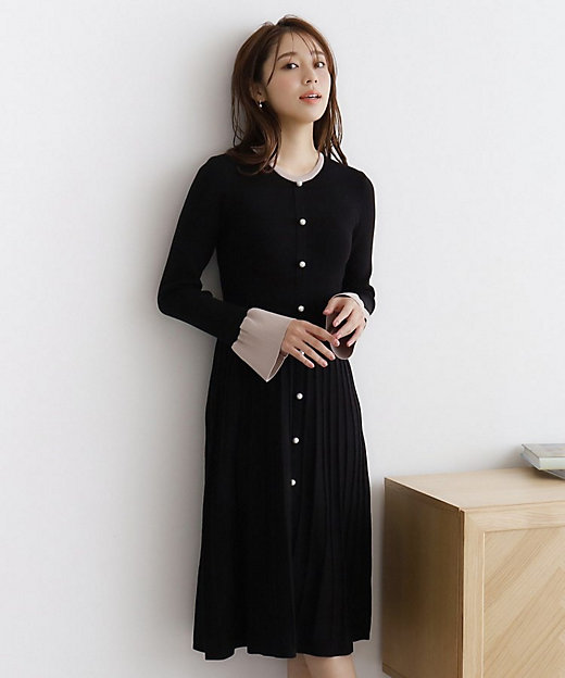 美人百花掲載》パール調デザインバイカラーニットワンピース【洗濯機