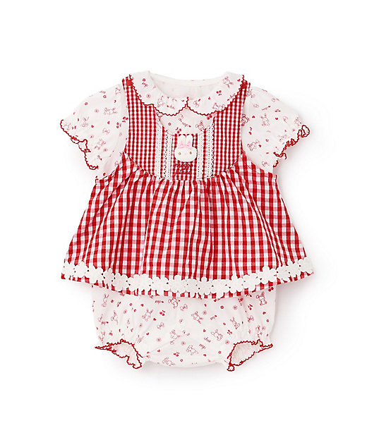 ウサギマスコットつきギンガムエプロン ロンパース 6261561