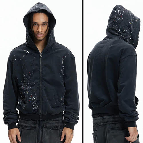 DND4DES RHINESTONE BLACK ZIP-UP HOODIE BLACK | KingStar