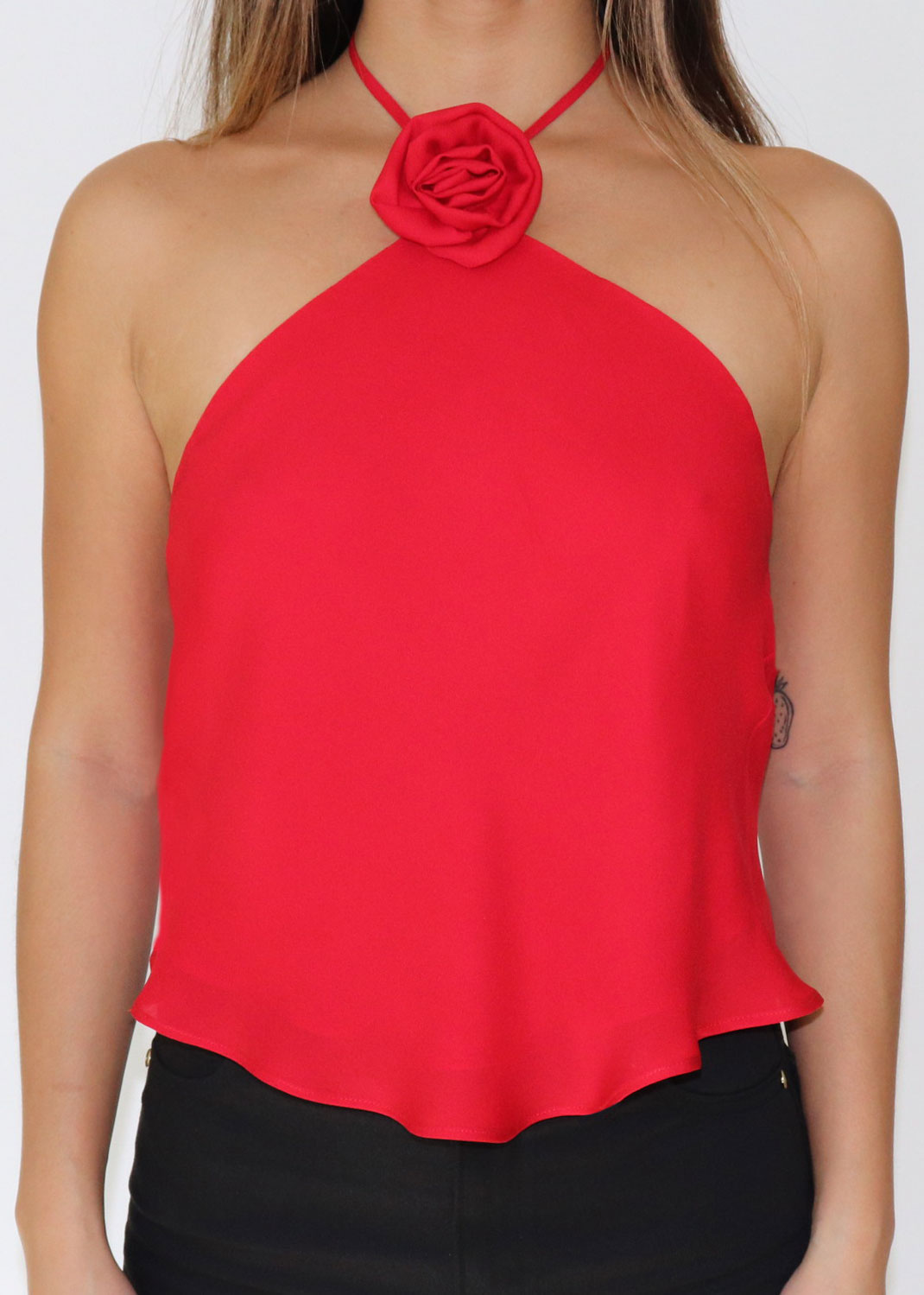 Cupid Top – Cherry Silk Halter with Rosette | Kait Macleod