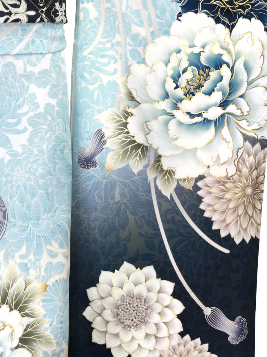 振袖レンタル／《華徒然》白地に淡い菊、青色の牡丹の振袖／標準サイズ