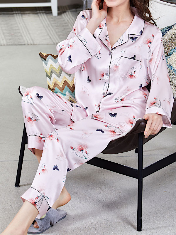 シルク100%パジャマ レディース 絹100％ 蝶と花柄 長袖 ピンク