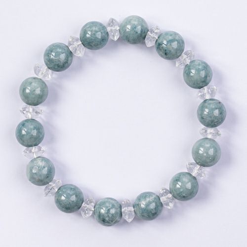 16cmサイズ・10mm玉＆水晶・艶良し】（高品質青色ヒスイ）糸魚川天然