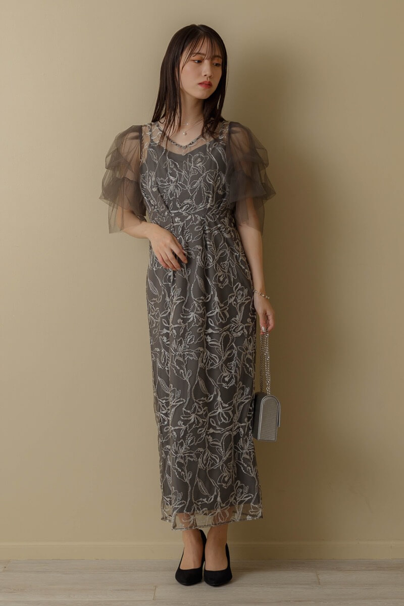 チャコールのフラッフィースリーブペンシルドレス | LE' RURE | S