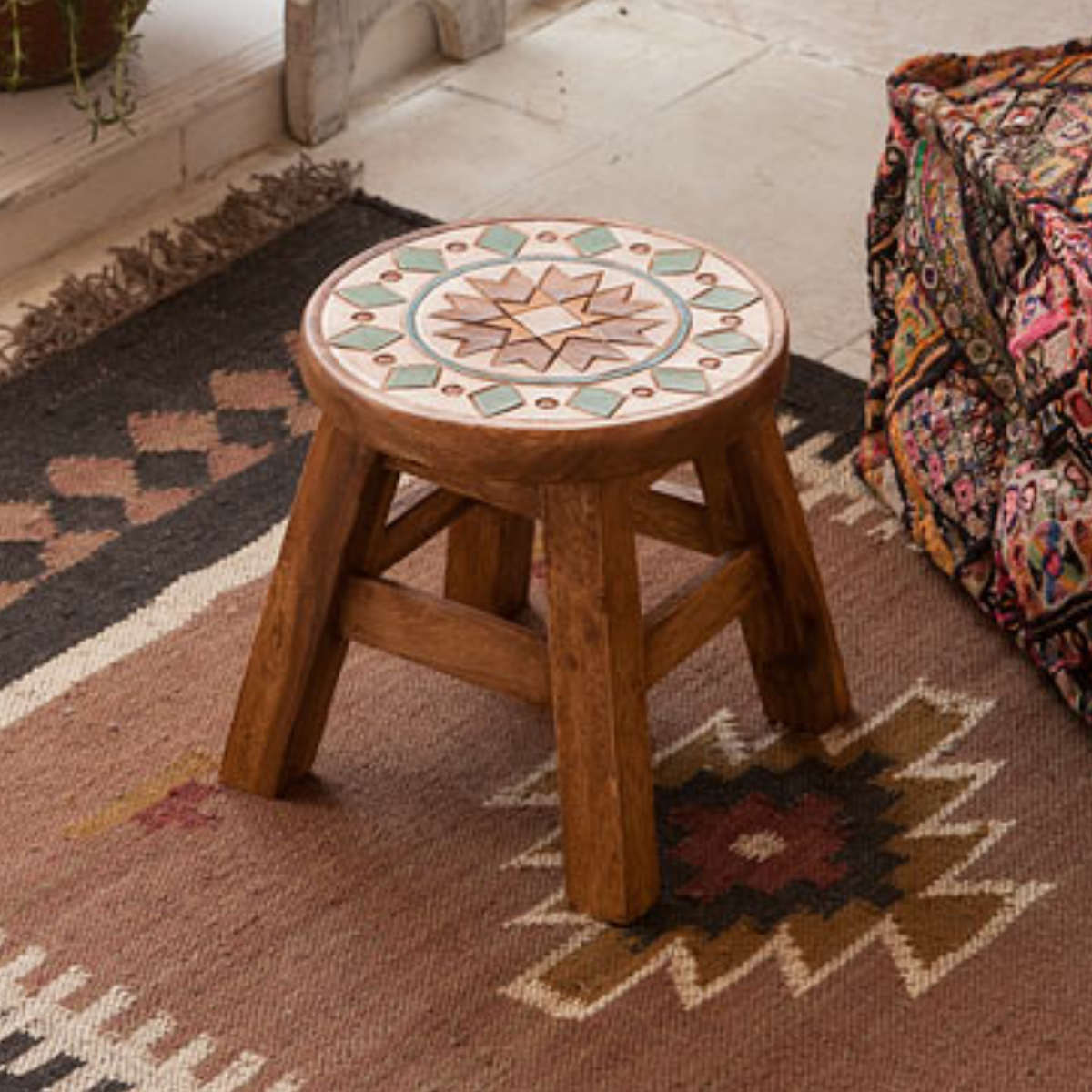 ラウンドスツール マラケシュ 木製 天然木 高さ23～25cm （ 丸