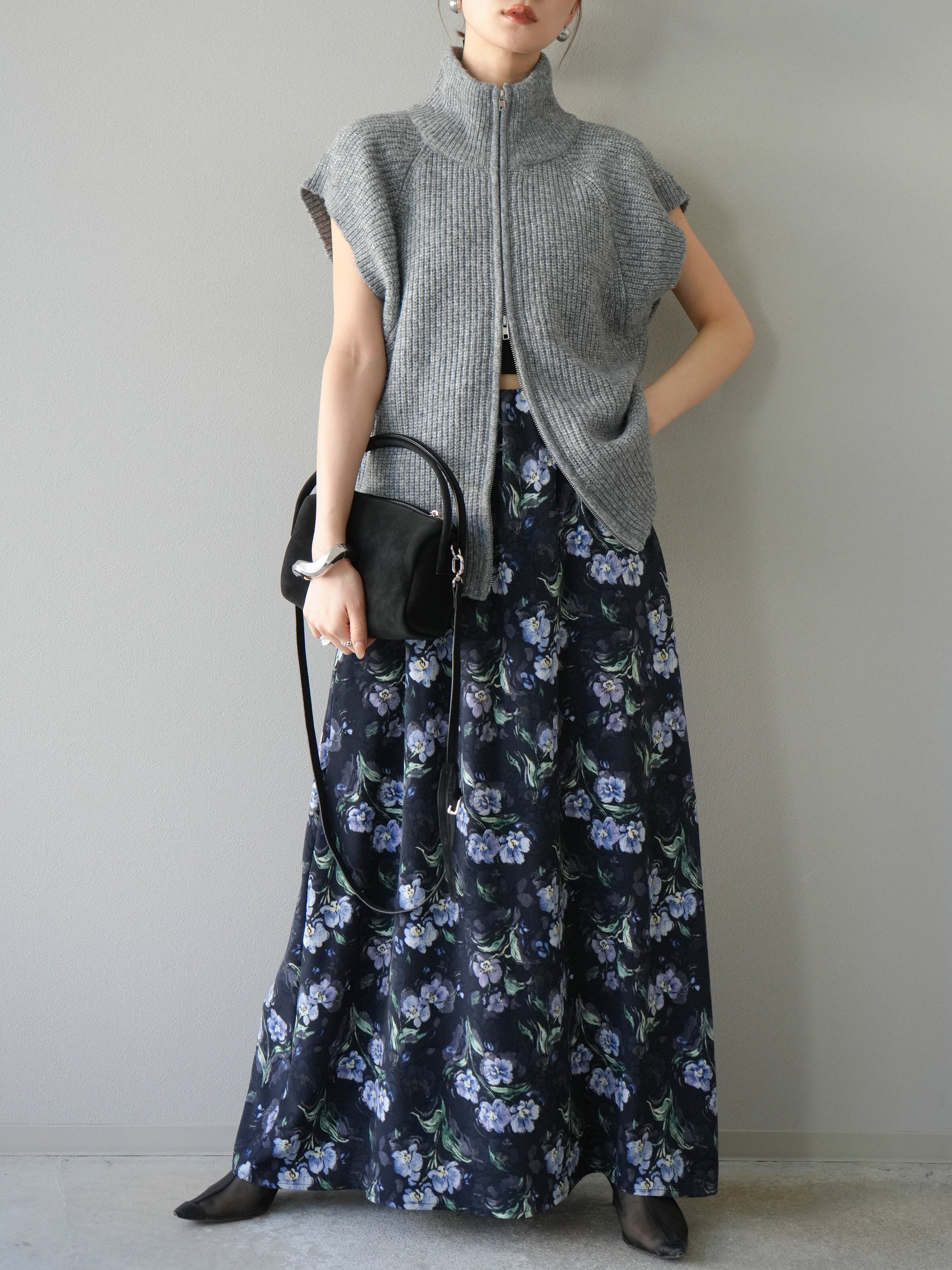 予約]ダブルZIPハイネック畦編みニットベスト/杢グレー – Lumier