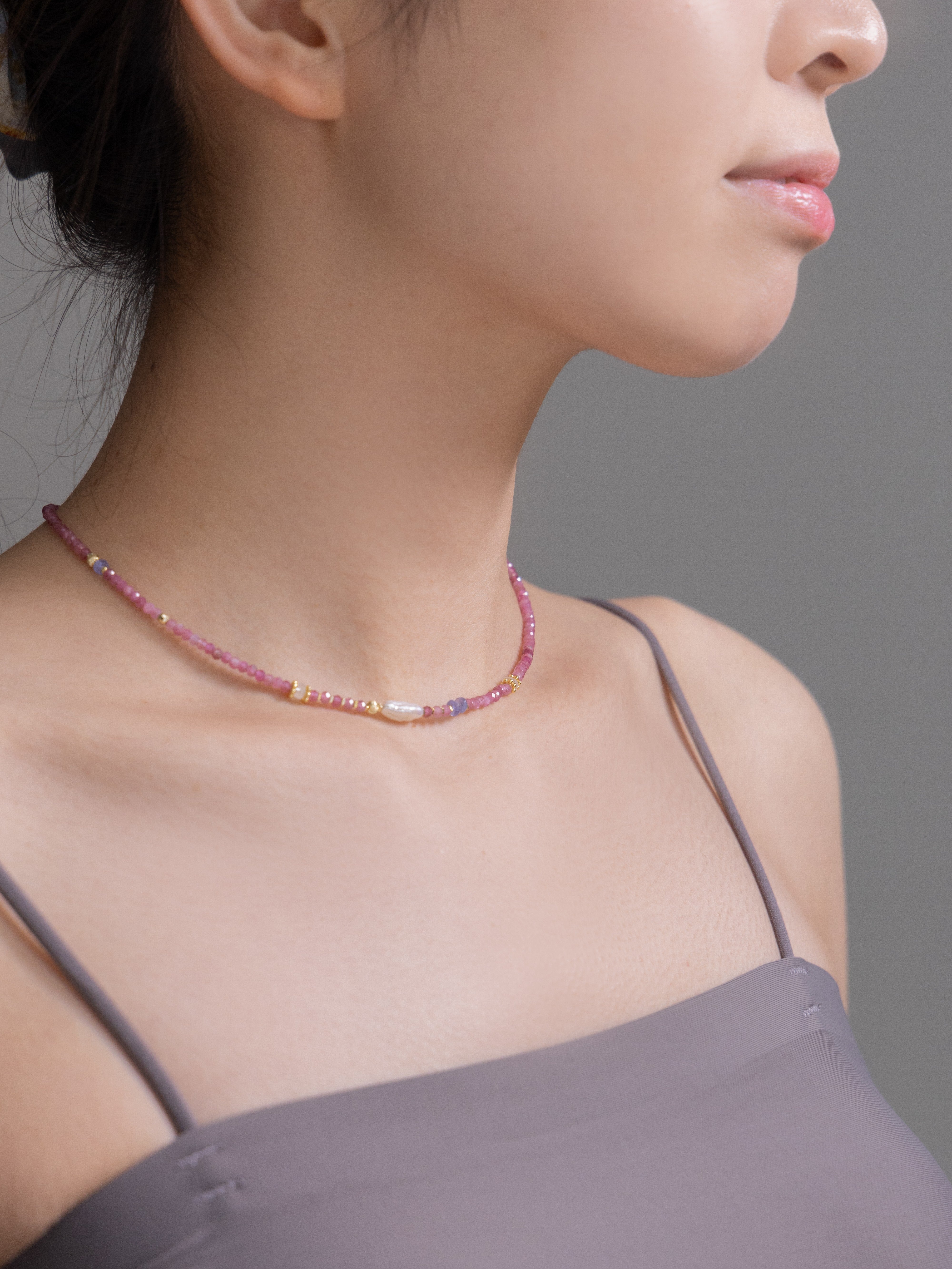 ピンクトルマリン & タンザナイト ネックレス - 【愛と知性の