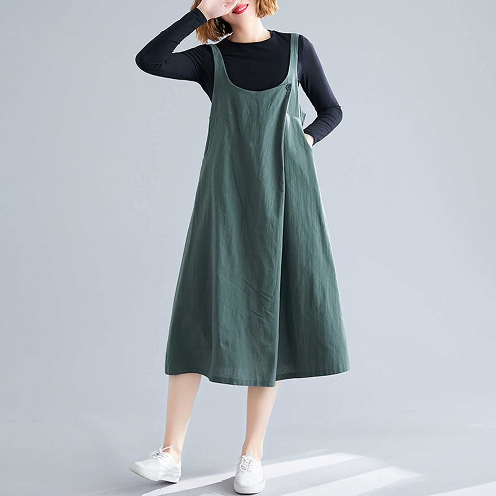 Homgee Women Cotton Linen Pinafore Midi Dress Wide Straps Buttoned