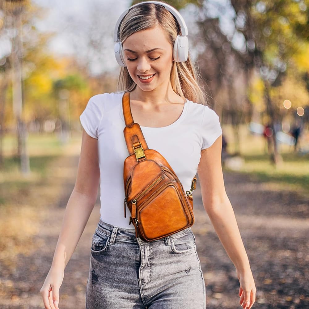 Amazon.com: NIUCUNZH Genuine Leather Sling Bag Front Metal-Latch