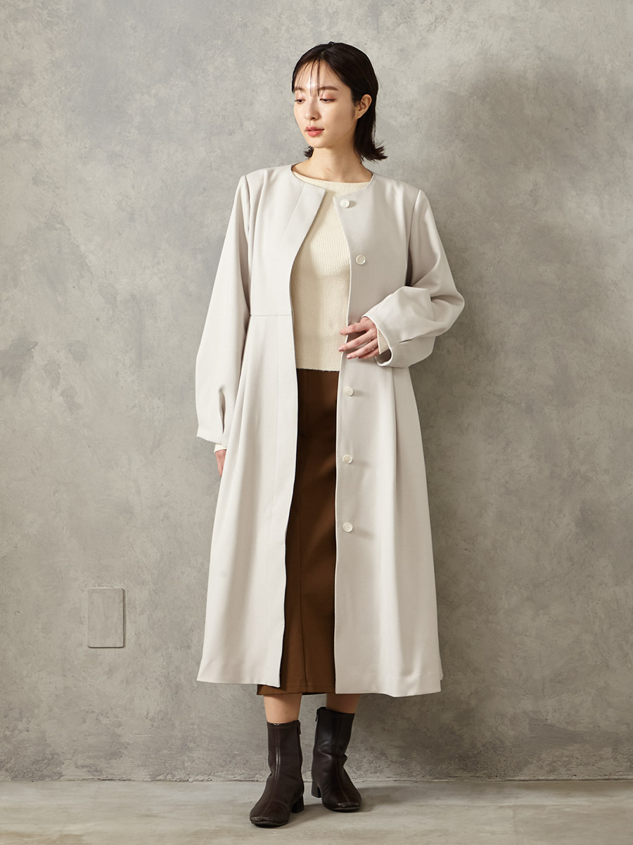 ノーカラーフィット＆フレアロングコート(M ベージュ): AIMER | エメ