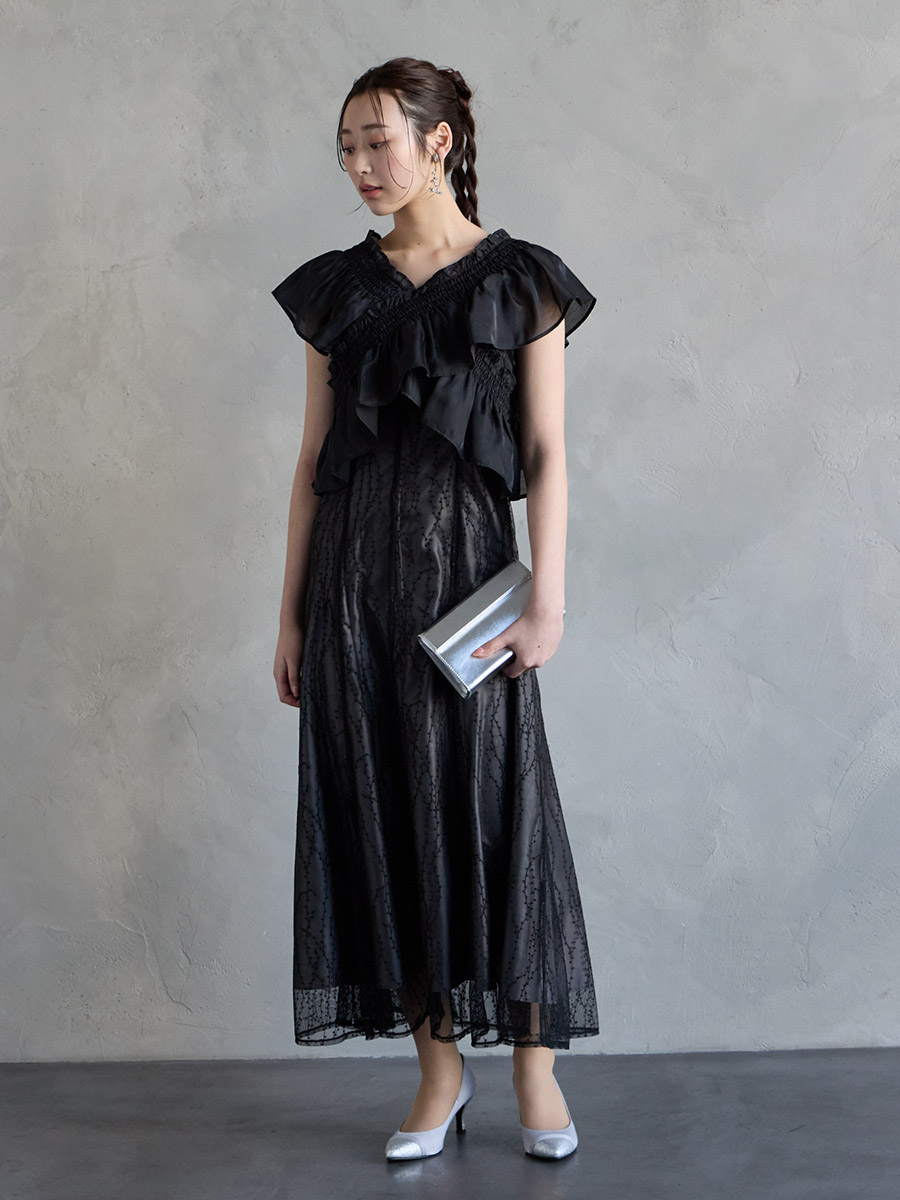 2WAYブラウス付きフローライン刺繍ドレス(S ブラック): AIMER | エメ